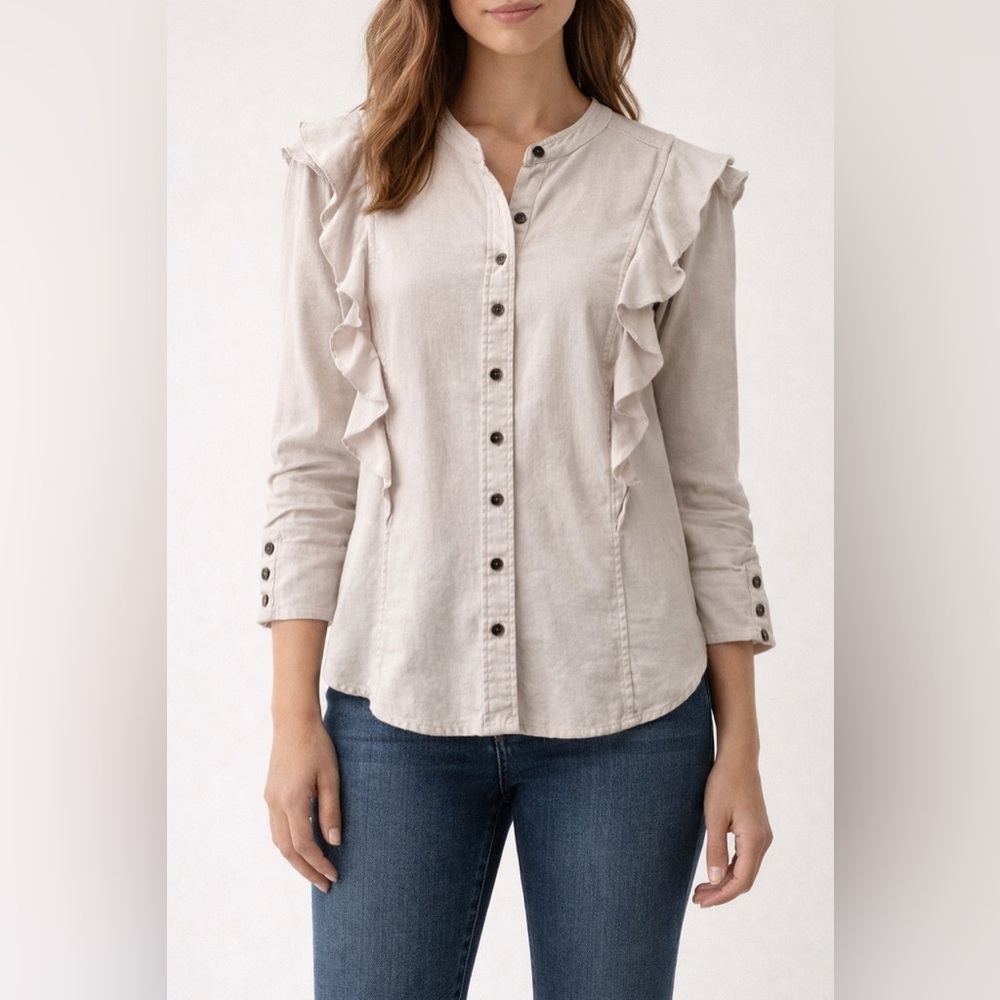French Connection Ruffle Blouse Size 12 Ivory Boho Romantic Button Front Top